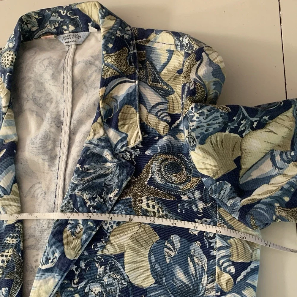 Vtg Novelty Blazer Jacket Womens Medium Seashell Canvas Nautical Coastal Beach